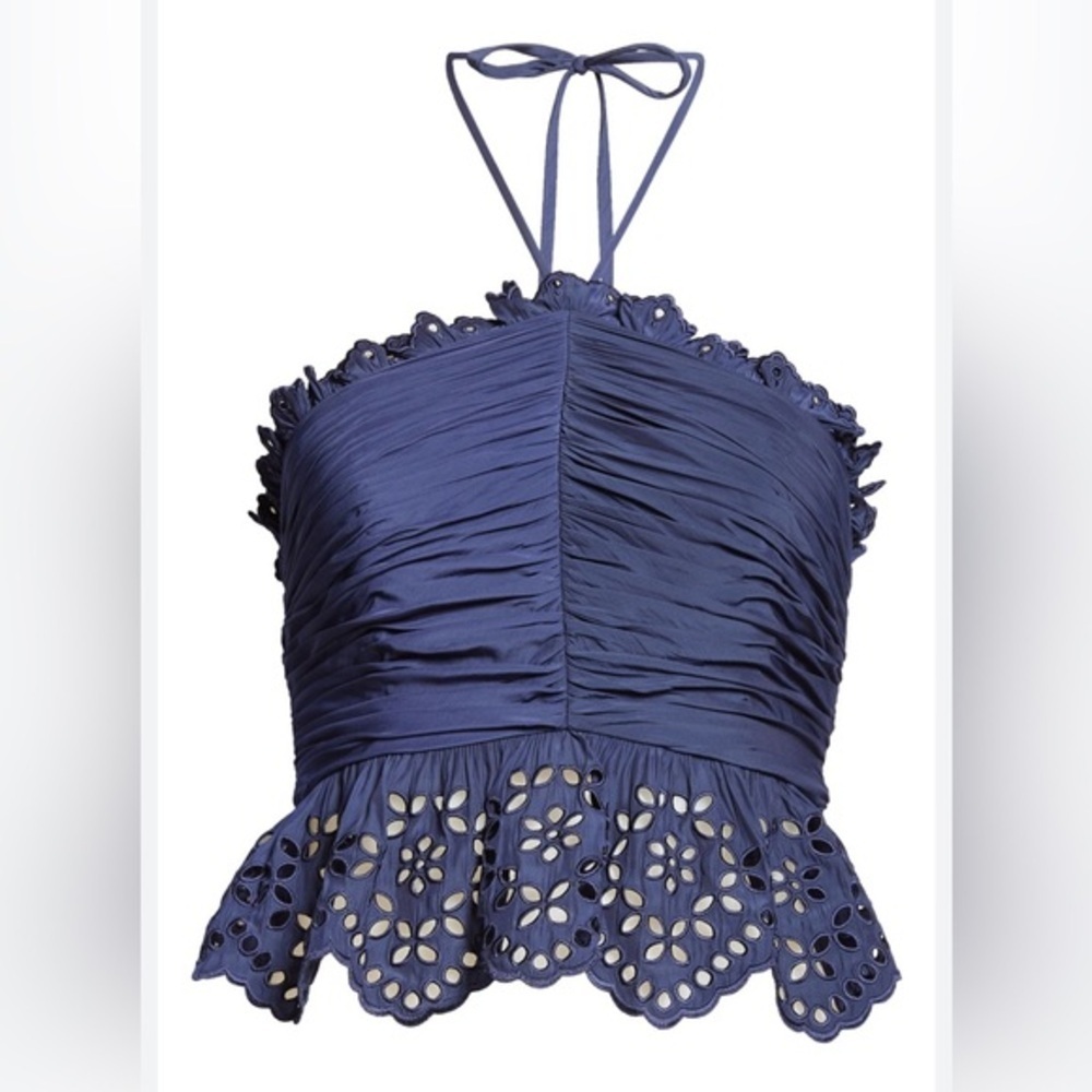 RAMY BROOK Michelle Ruched Eyelet Trim Halter Top Size XXS